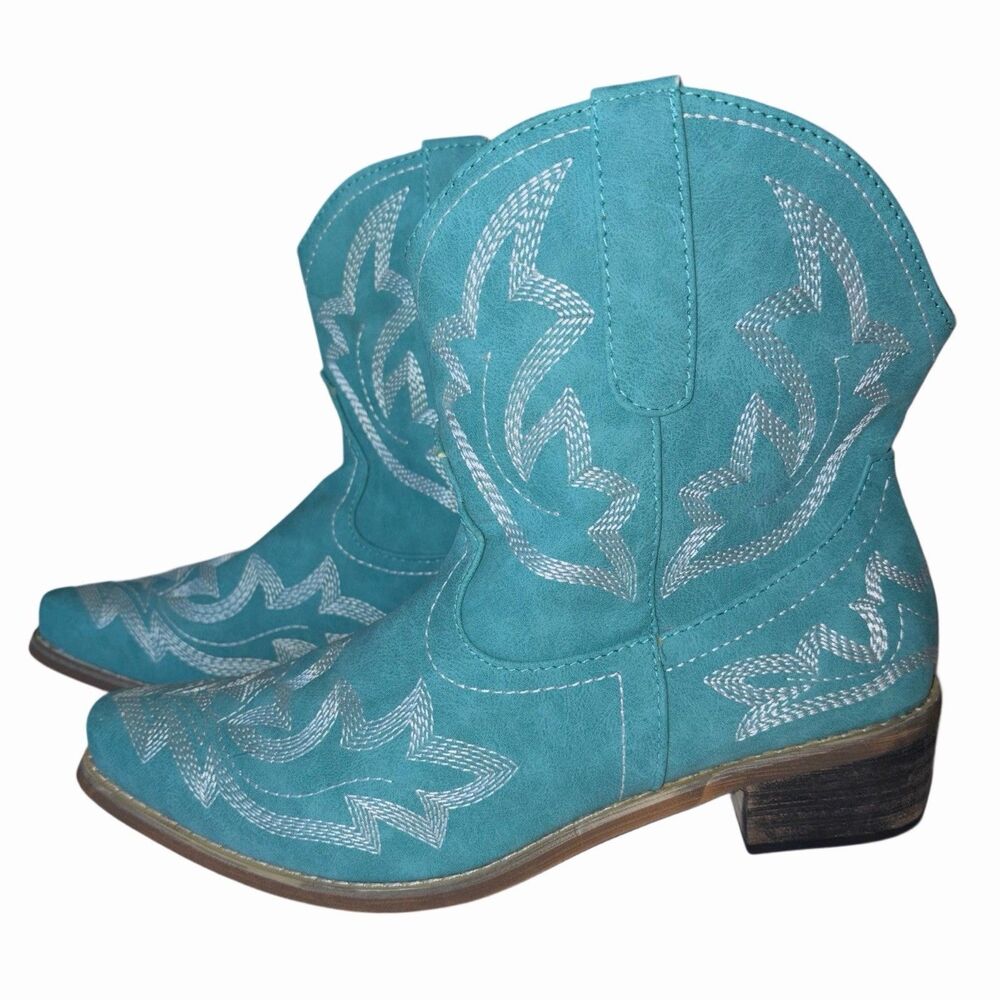 Women’s Teal Western Ankle Boots Embroidered Size 8